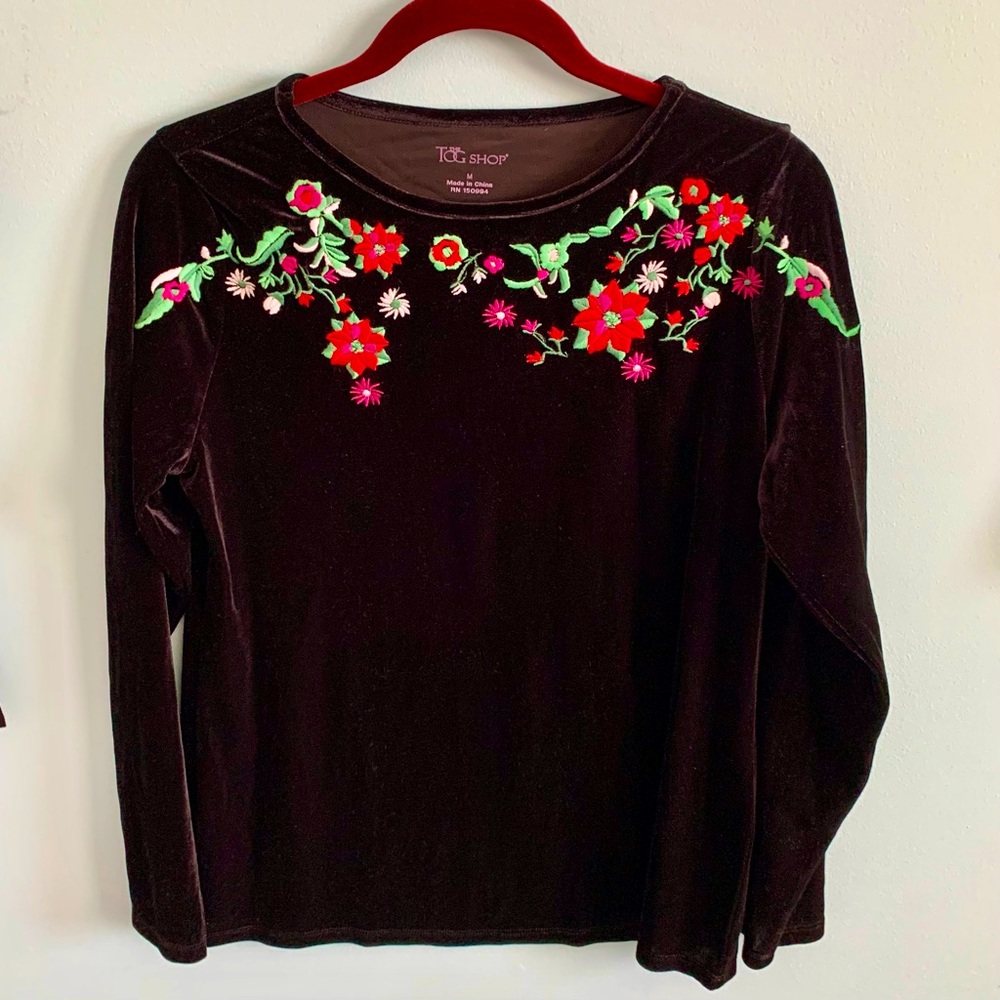Vintage Black Velour Multicolored Embroidered Flower top-The TOG Shop New, Sz M
